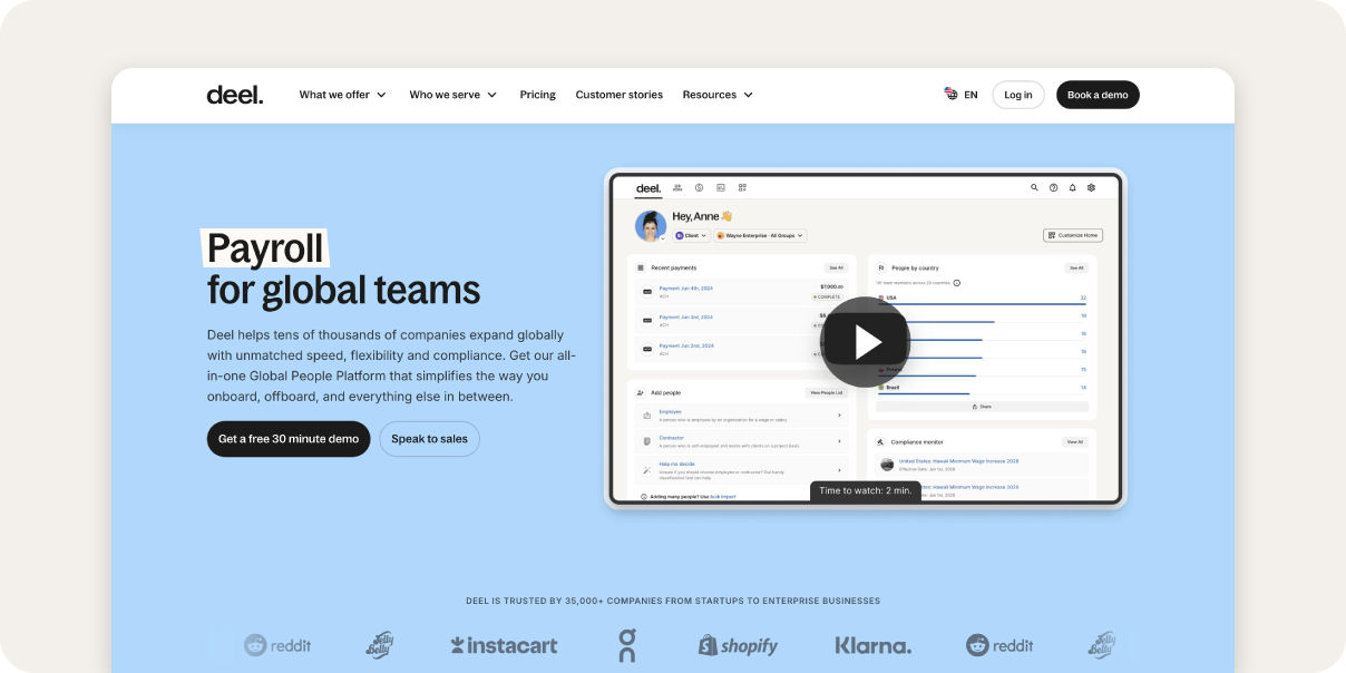 Screenshot of Deel homepage.