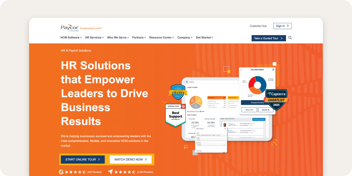 Screenshot of Paycor homepage.