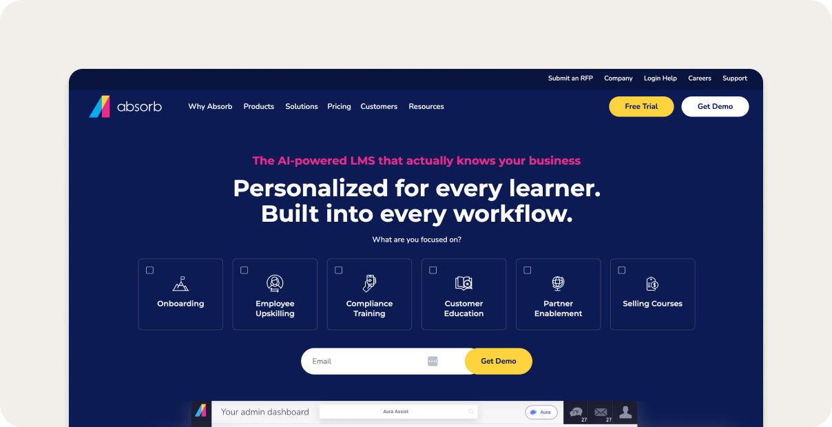 Absorb LMS homepage.