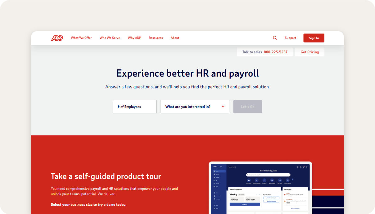 Screenshot of ADP HR and payroll software homepage