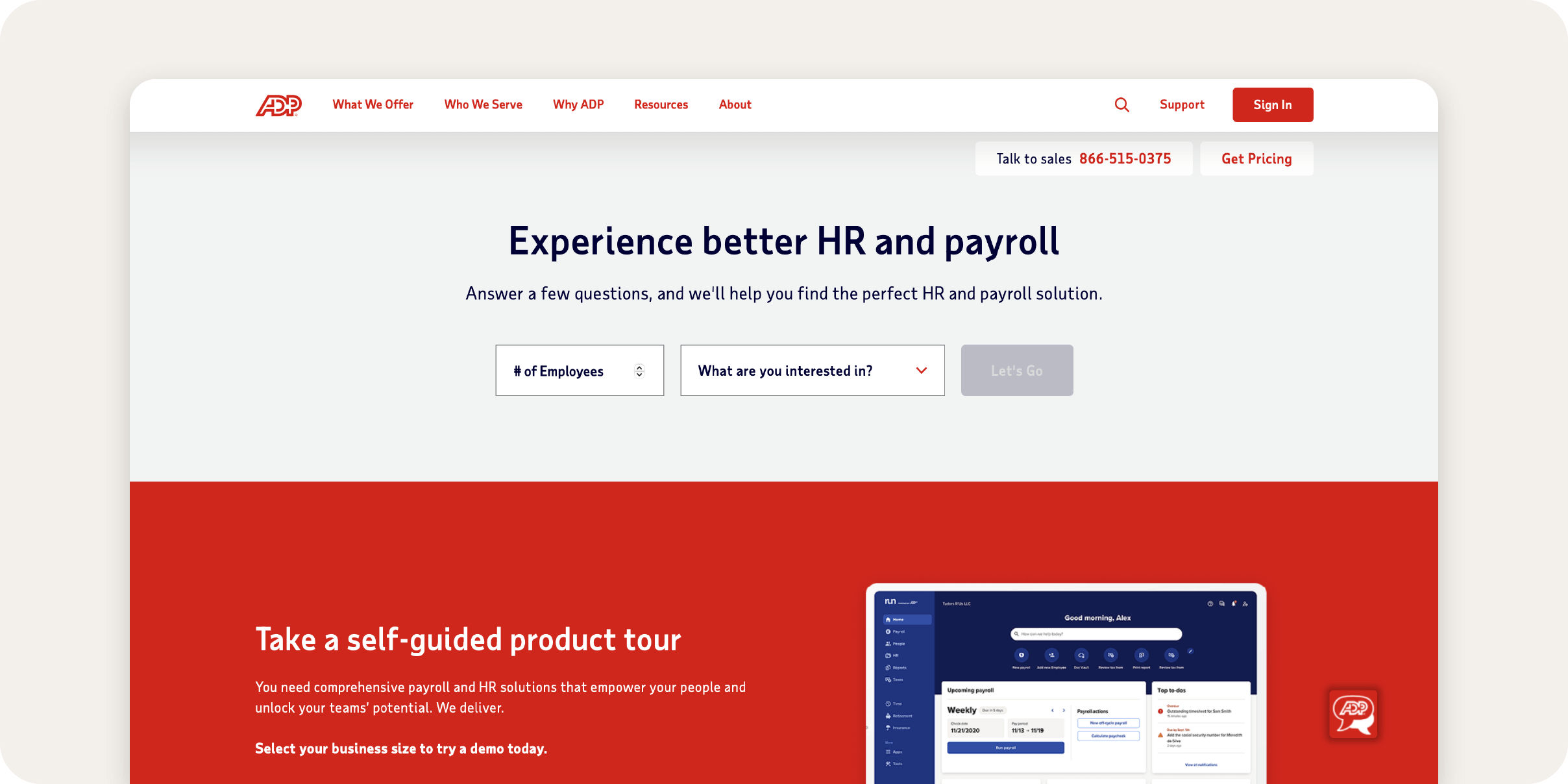 ADP RUN website homepage.