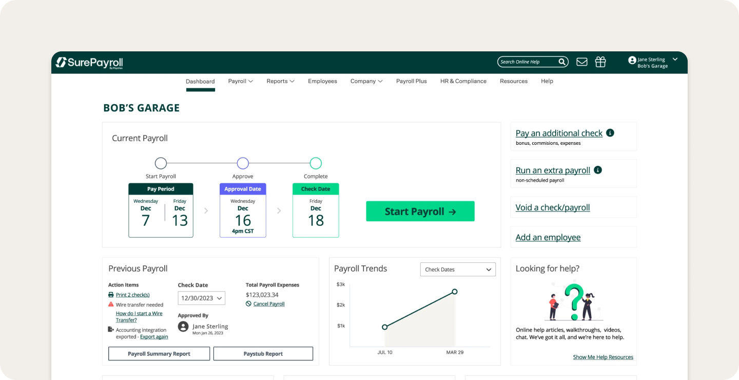 Screenshot of SurePayroll platform