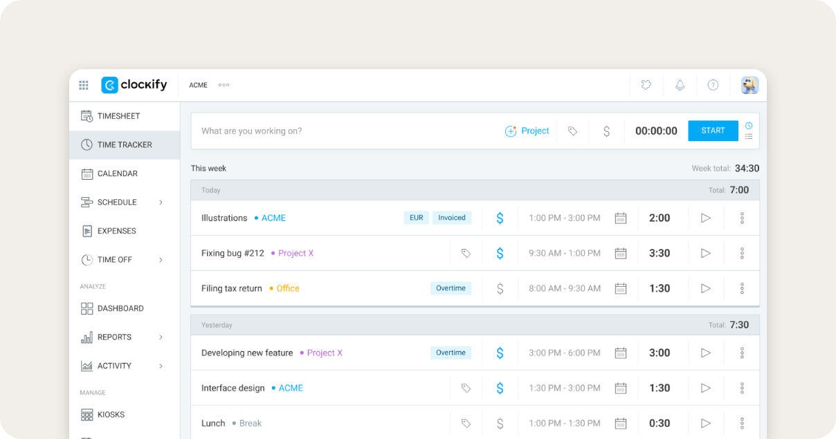 Clockify timesheet page