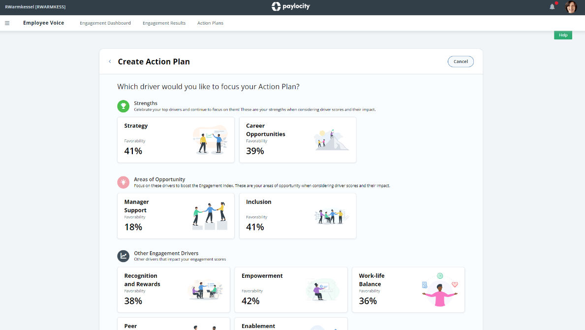 Paylocity’s Employee Voice tool automatically generates meaningful next steps based on best-practice action items. 