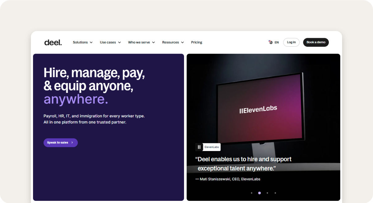 Screenshot of Deel hiring platform homepage