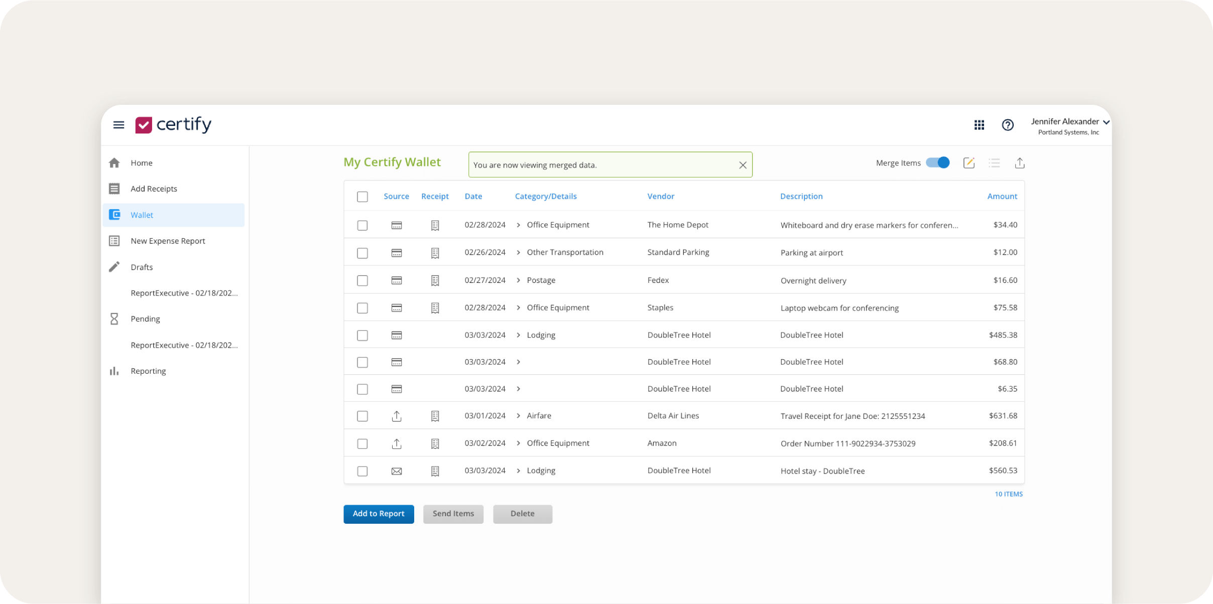 Screenshot of Emburse Professional workspace