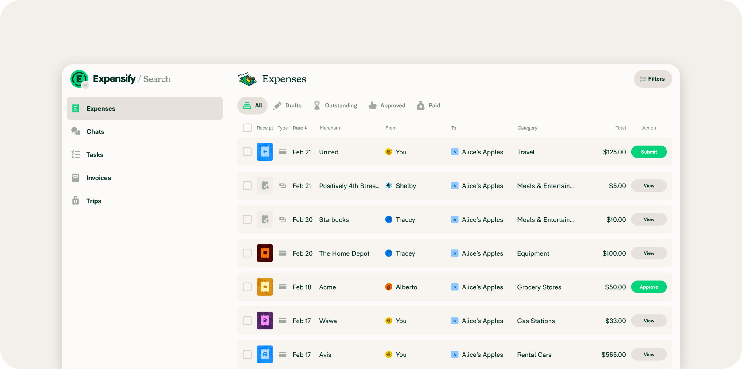Screenshot of Expensify expense management dashboard