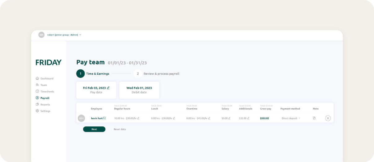 Screenshot of FRIDAY payroll platform