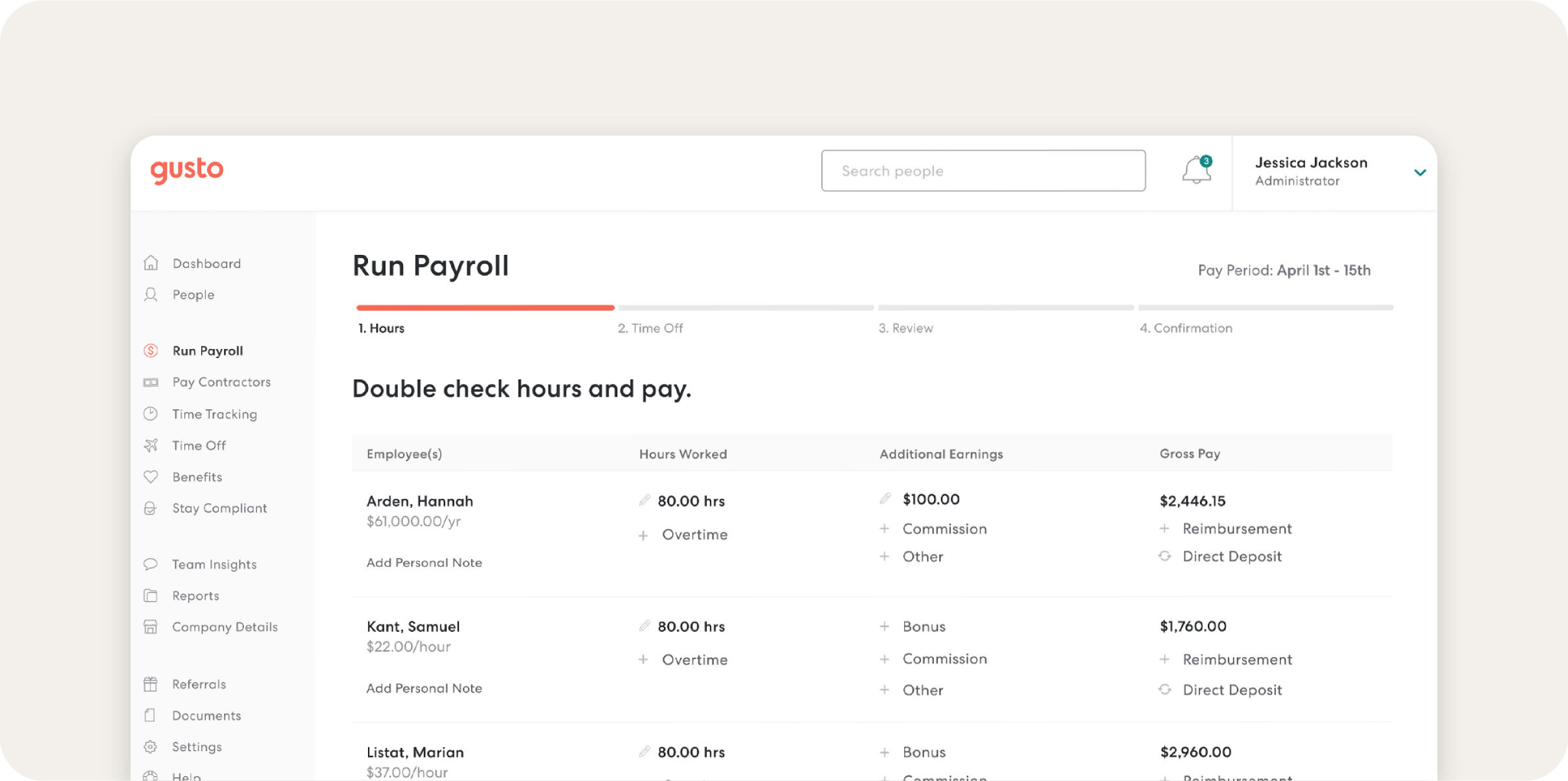 Gusto payroll dashboard