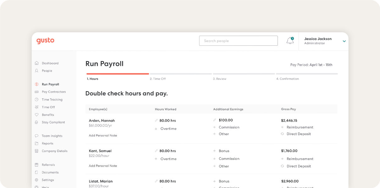Gusto payroll dashboard