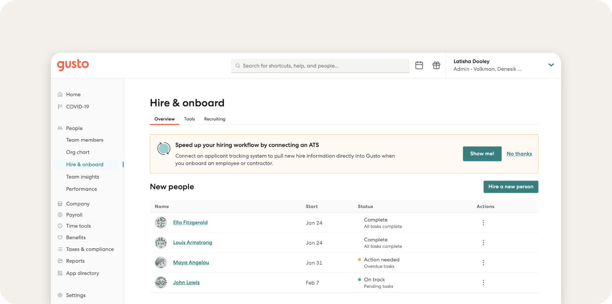 Gusto onboarding platform.