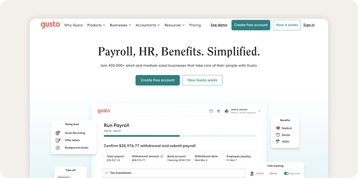 Screenshot of Gusto HR software for restaurants.