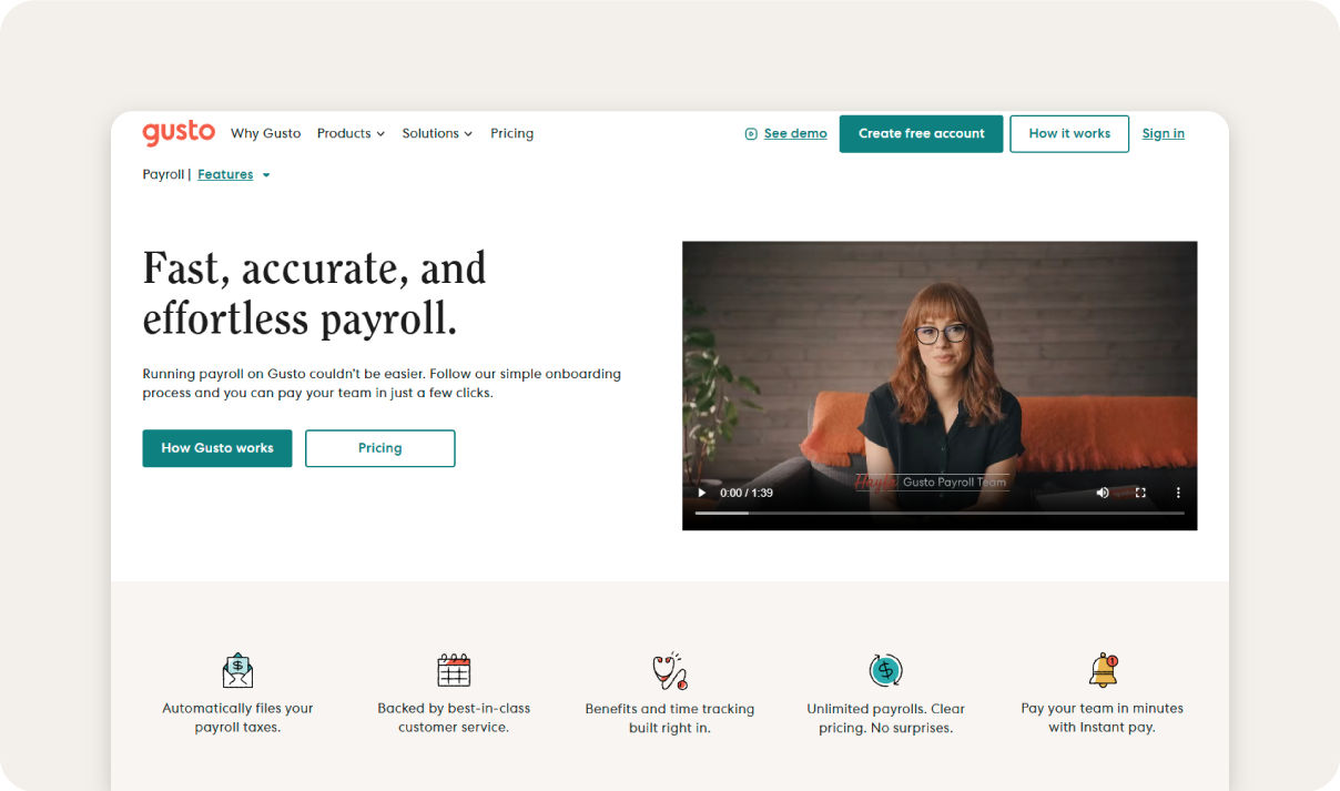 A screenshot of Gusto's homepage