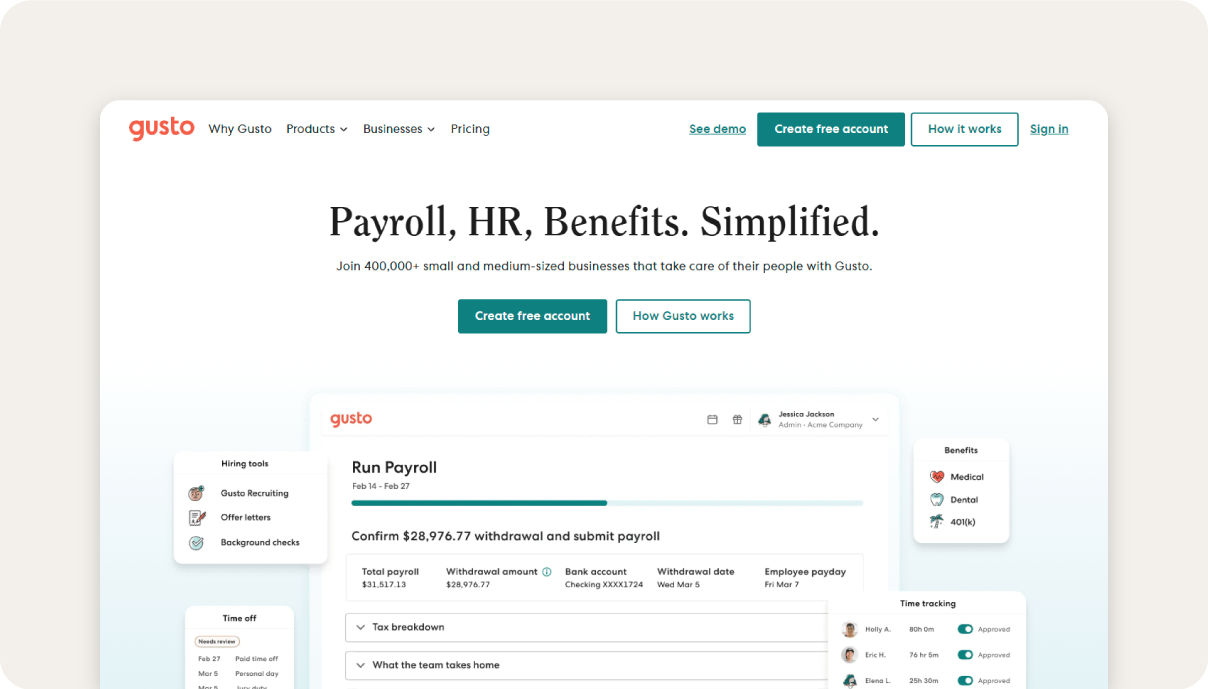 Screenshot of Gusto HR platform homepage