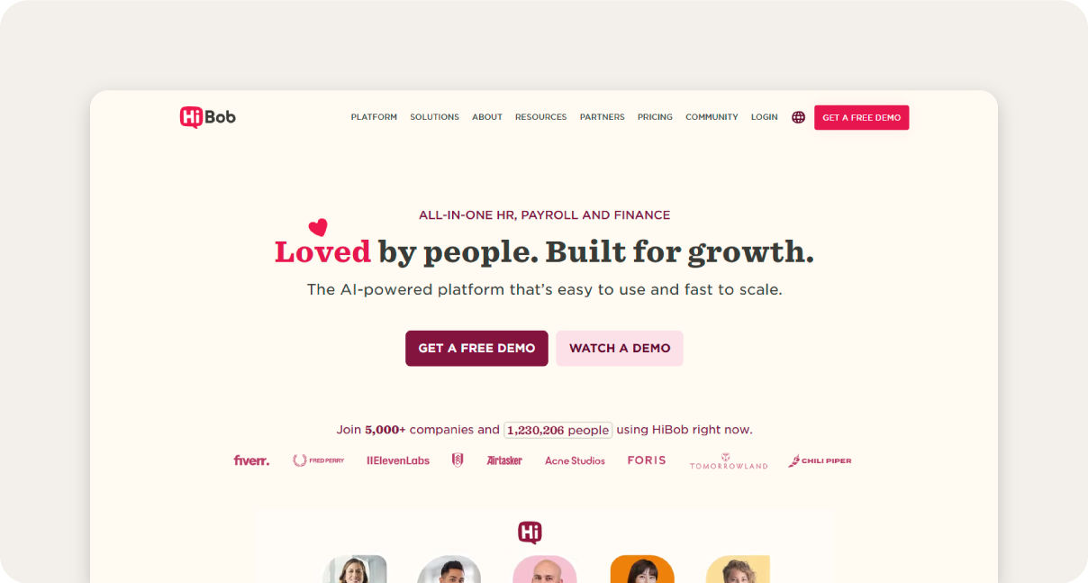 Screenshot of HiBob HR software homepage