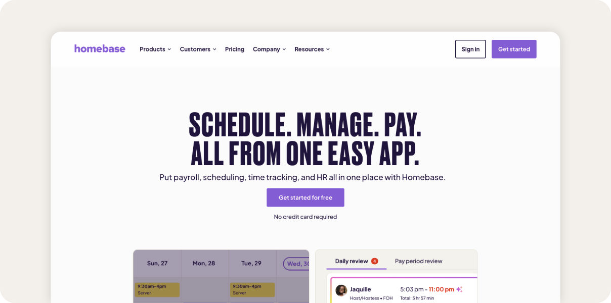 Screenshot of Homebase homepage.