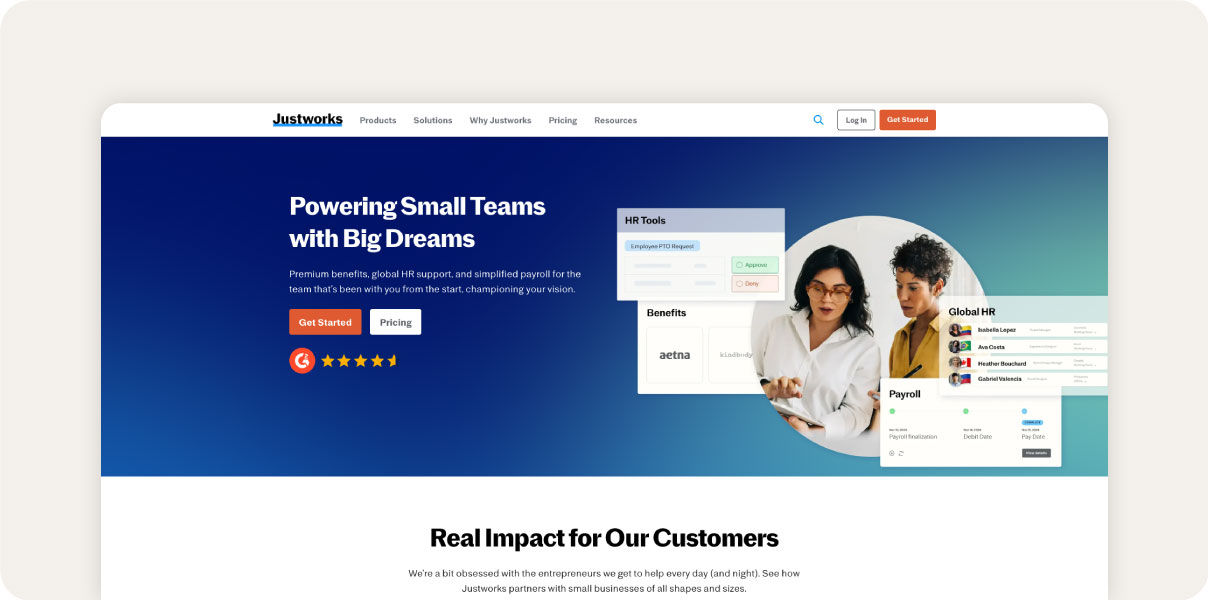 Justworks homepage.