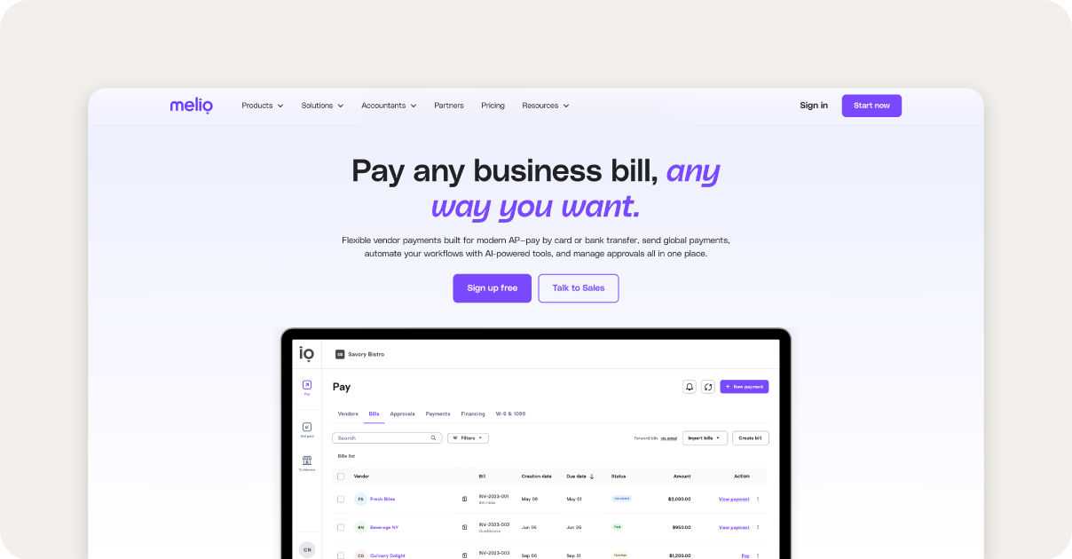 Melio homepage