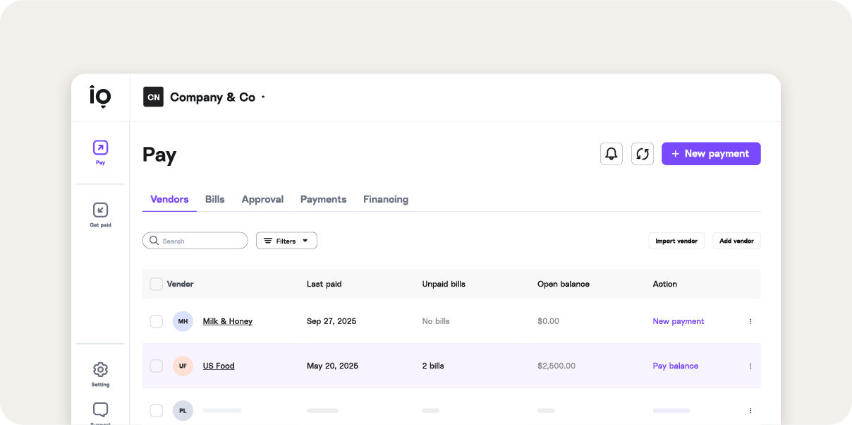Screenshot of Melio platform