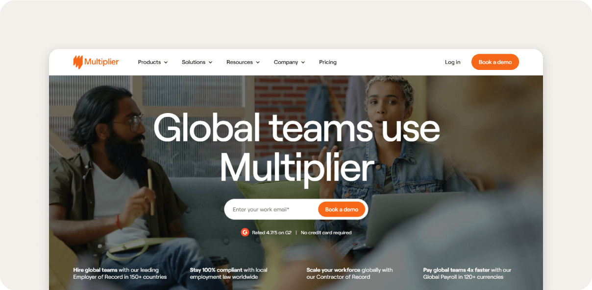 Screenshot of Multiplier global employment software homepage