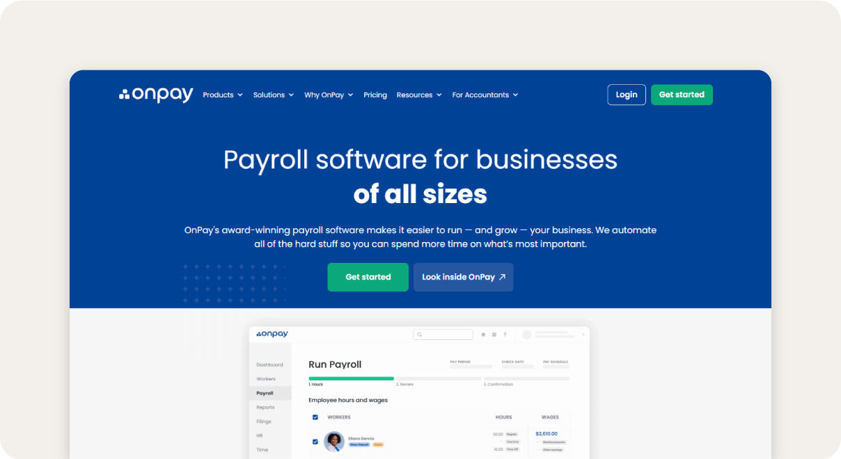 A screenshot of OnPay’ homepage.