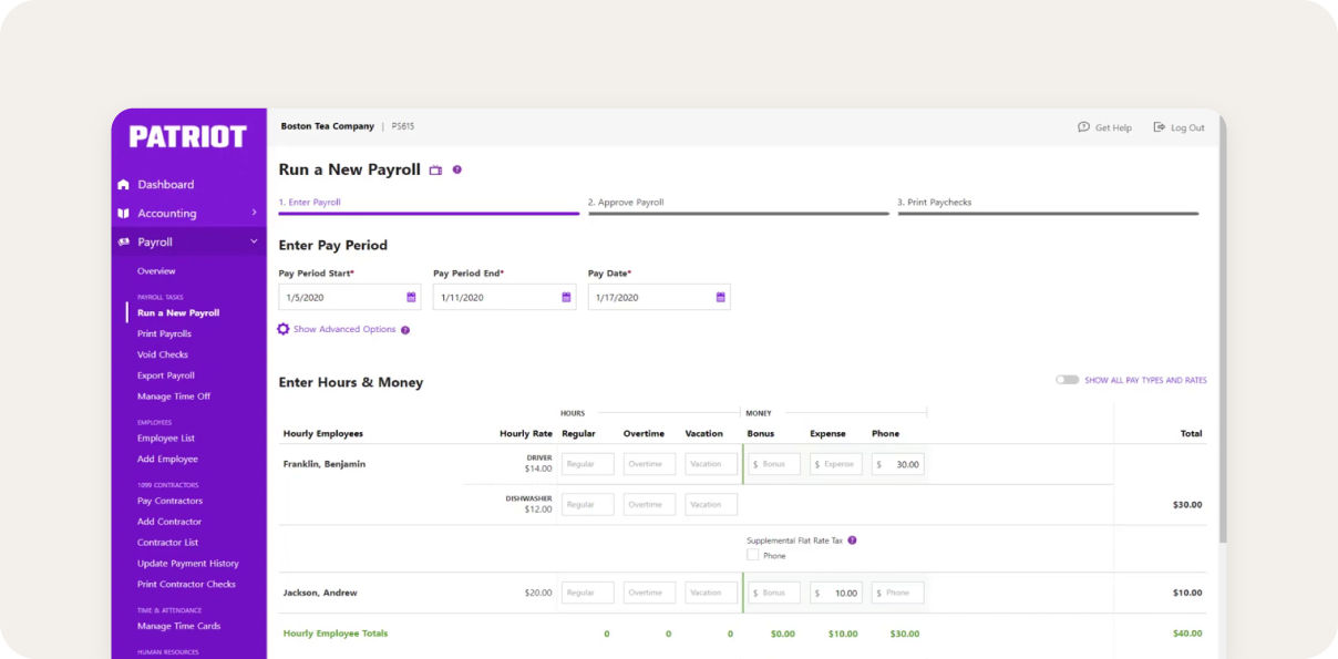 Screenshot of Patriot payroll platform
