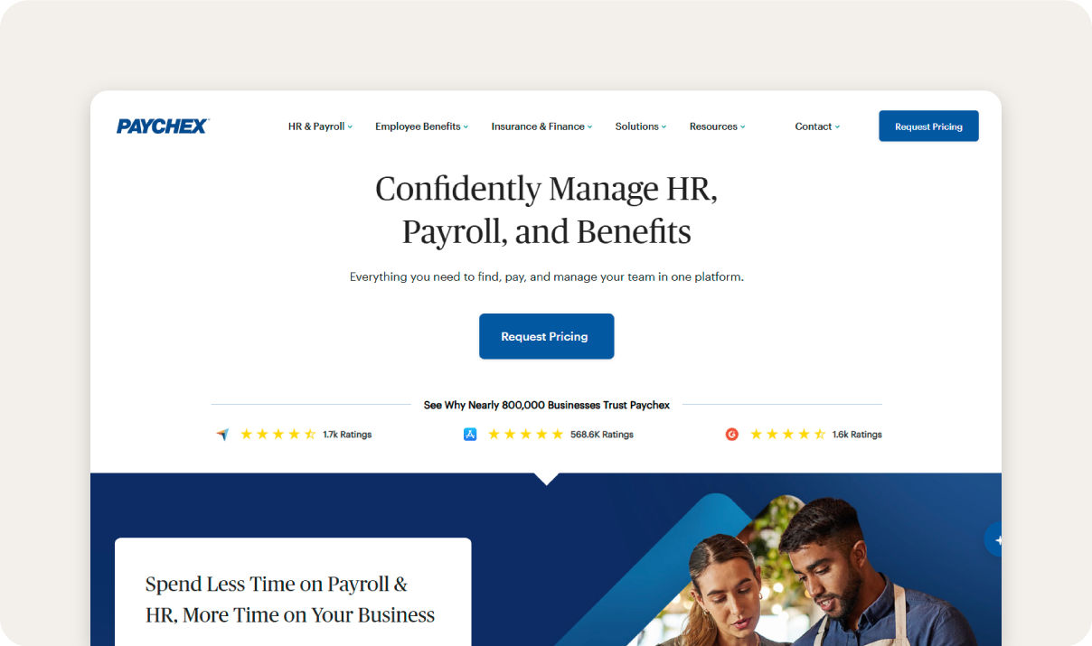 Screenshot of Paychex payroll provider homepage