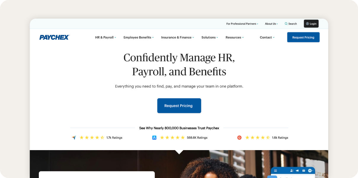 Screenshot of Paychex homepage.