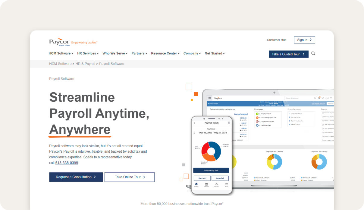 A screenshot of Paycor's homepage