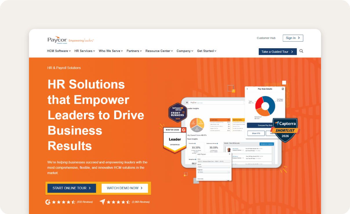 Screenshot of Paycor HR solutions homepage