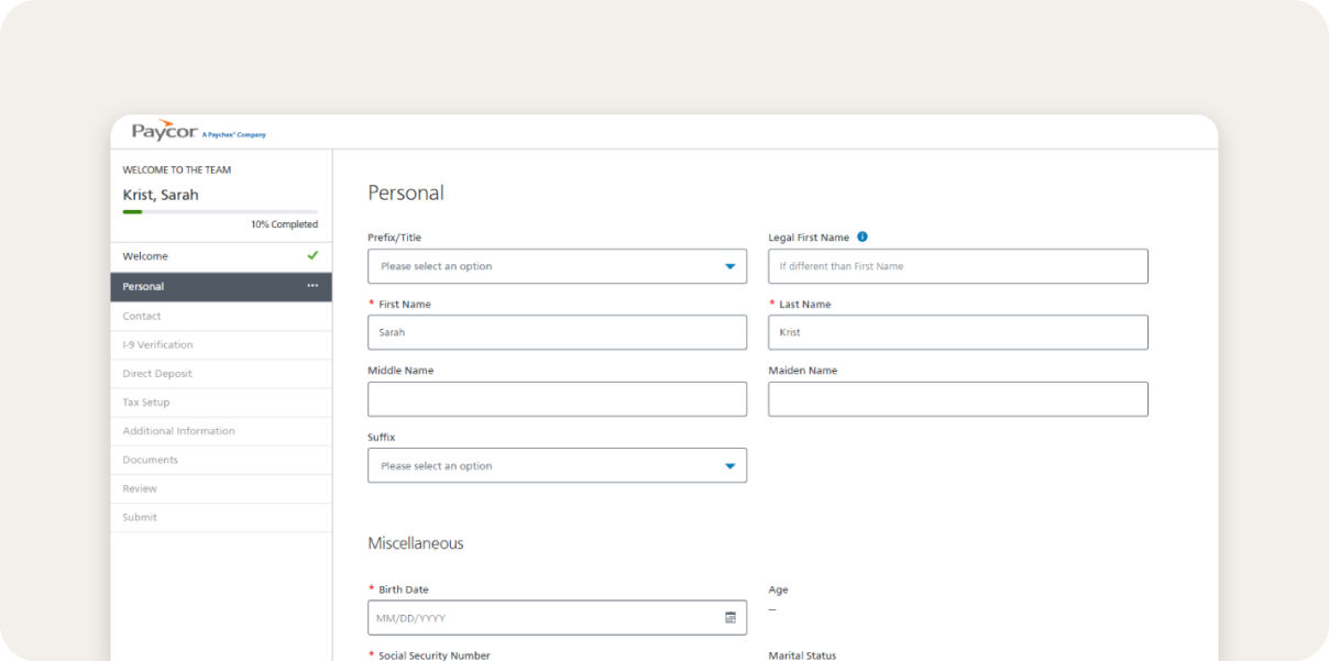 Paycor onboarding portal.