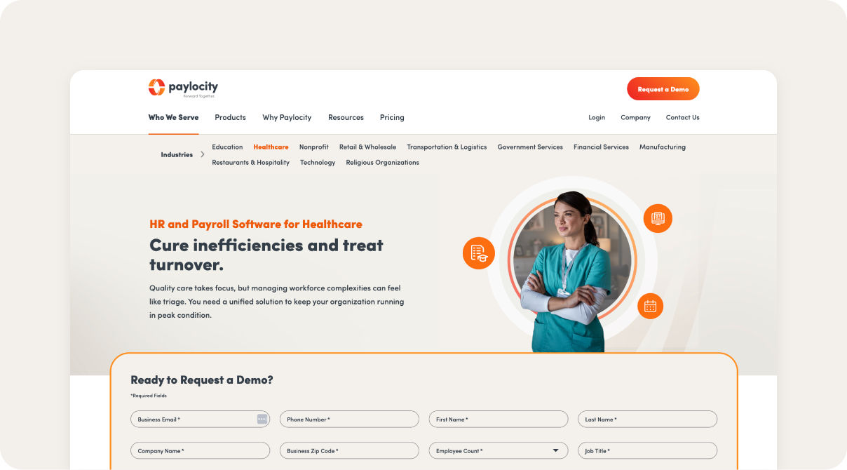 Paylocity webpage for healthcare and payroll software.