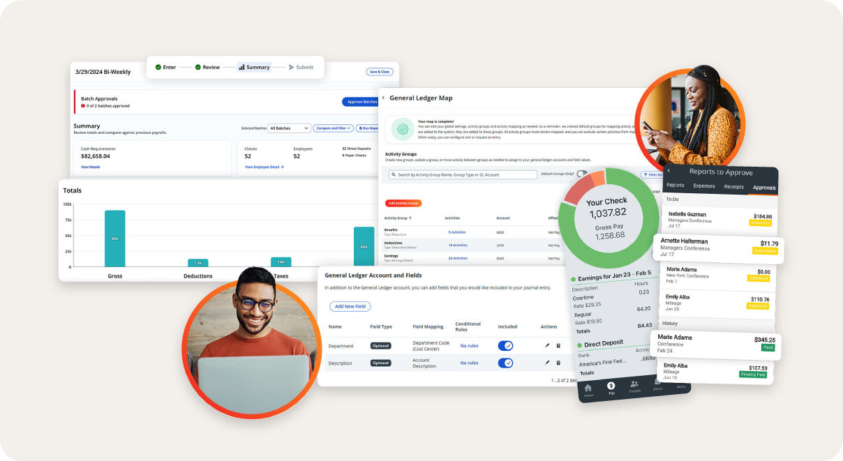 A collage of screenshots of the Paylocity platform.