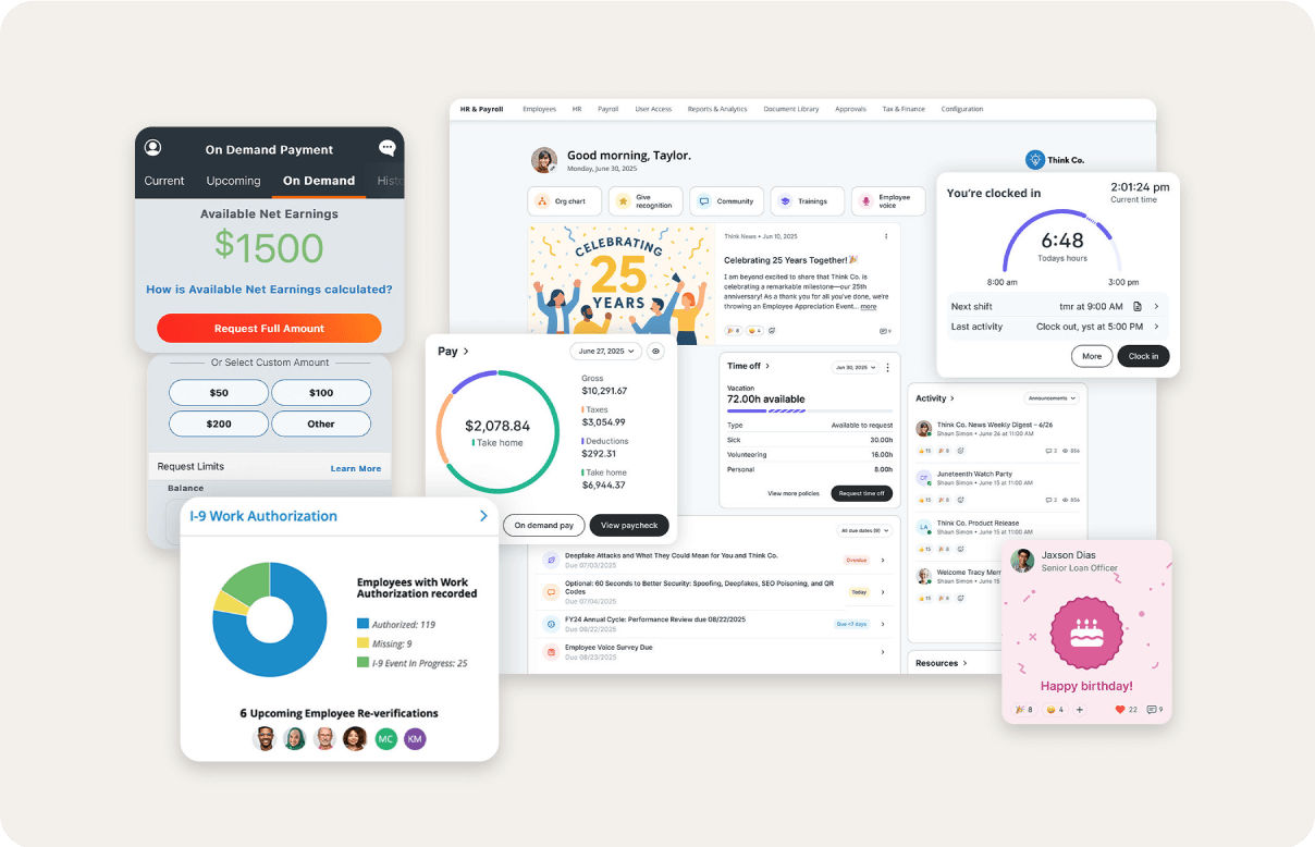 Collage of features from Paylocity's unified HR, Finance, and IT platform