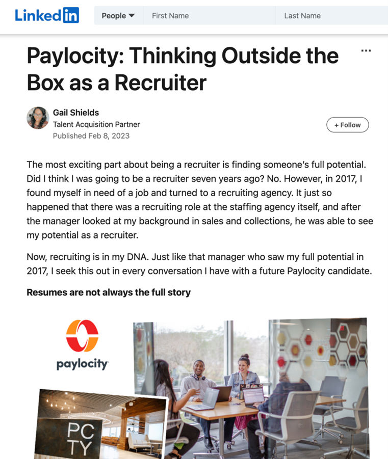 Example of Paylocity recruiter content on LinkedIn