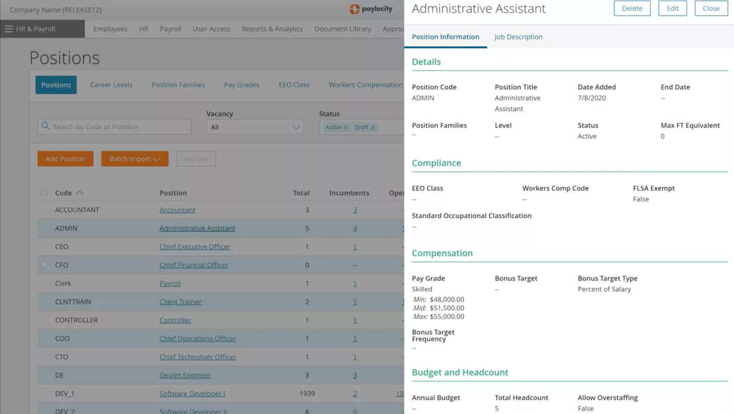 Paylocity’s position management functionality screenshot