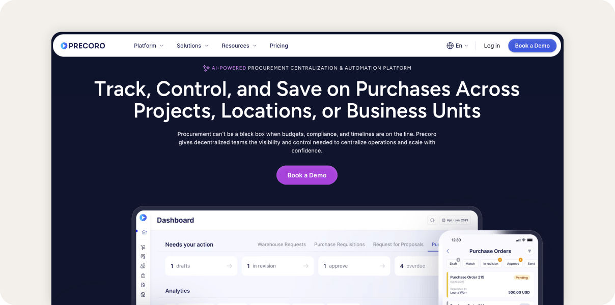 Precoro vendor management tool homepage