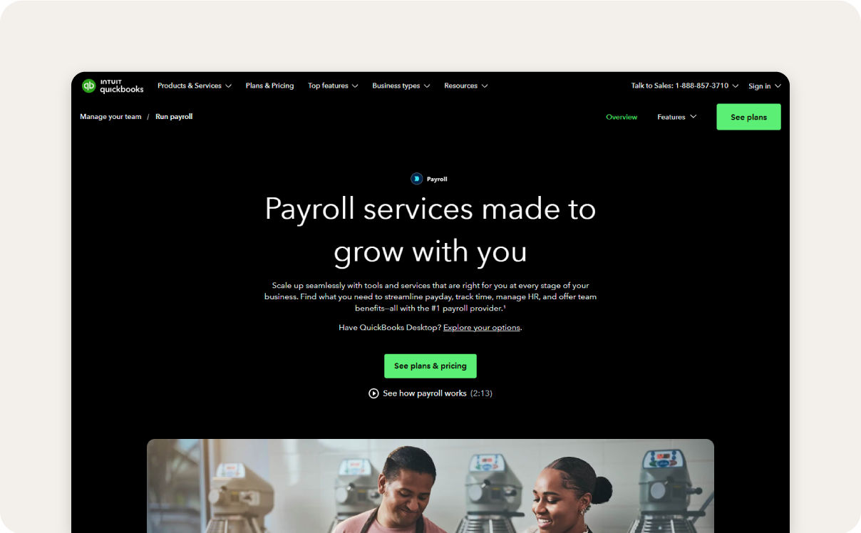 A screenshot of QuickBooks Payroll’s homepage