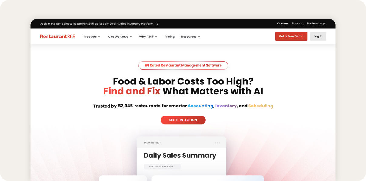 Screenshot of Restaurant365 homepage.