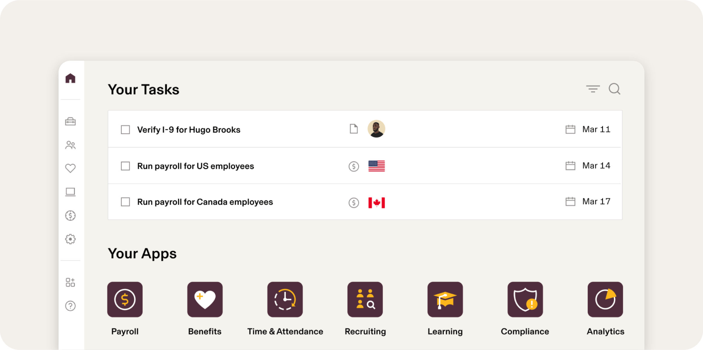 Rippling dashboard with tasks listed