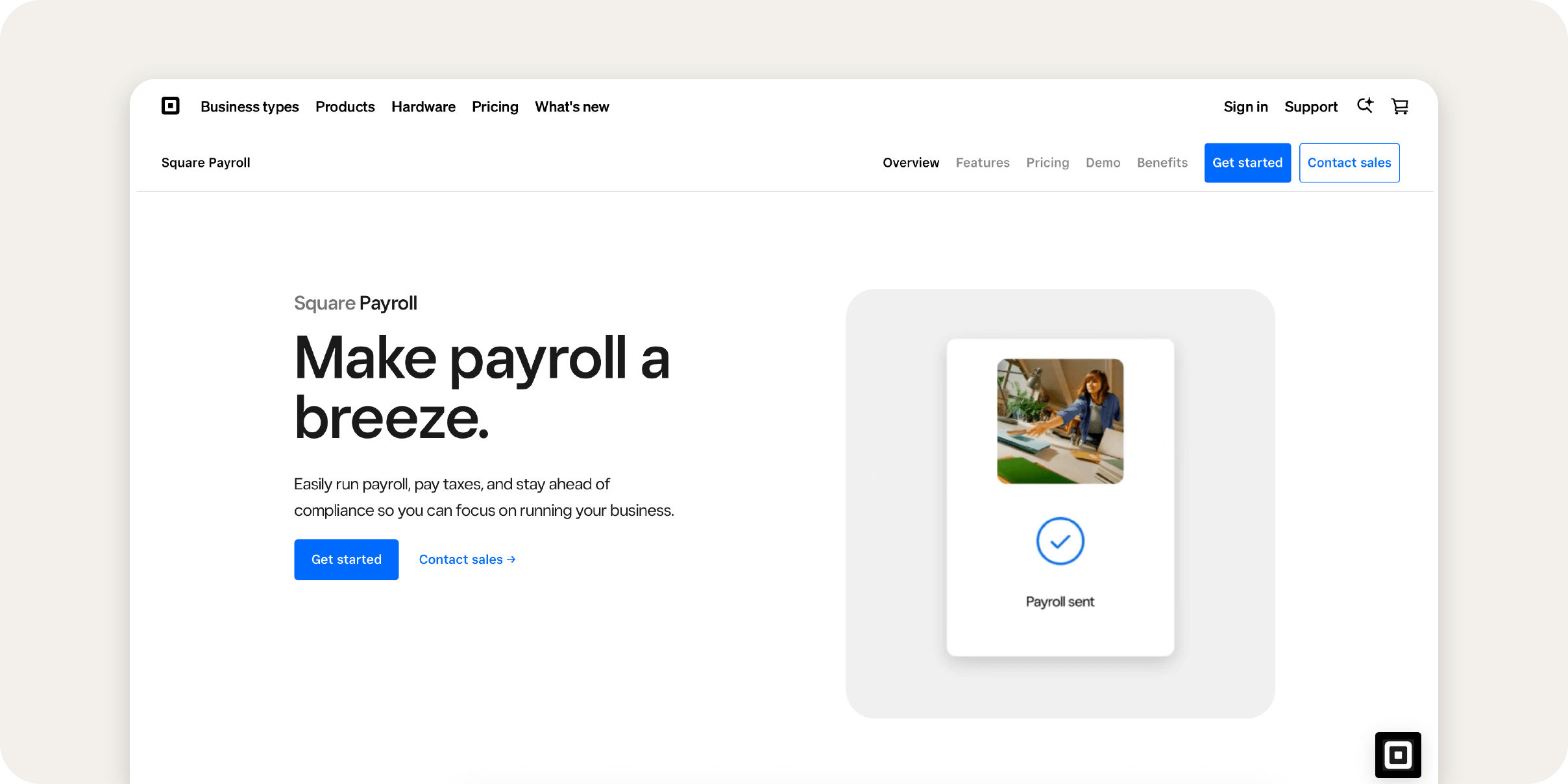 Square Payroll website homepage.