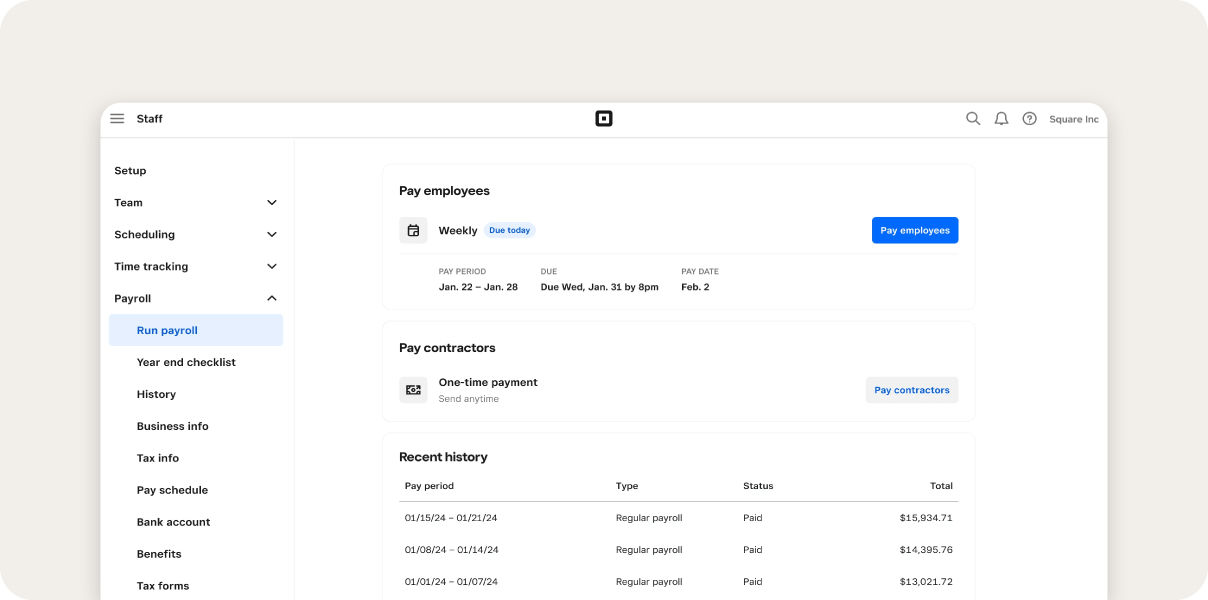 Square payroll screenshot
