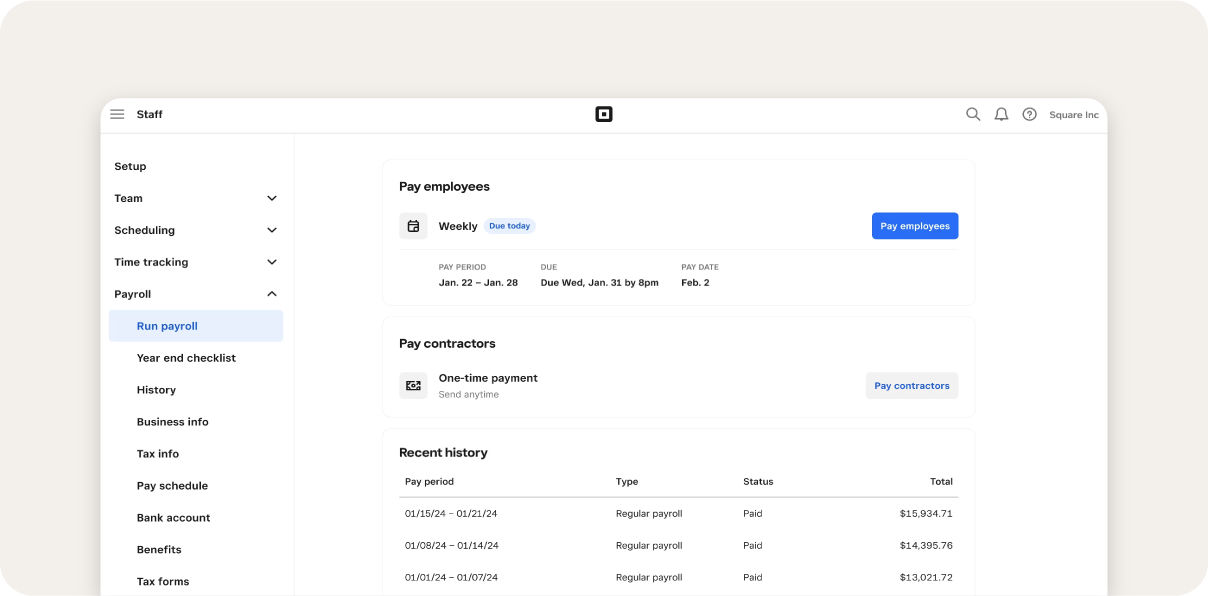 Screenshot of Square Payroll payroll platform