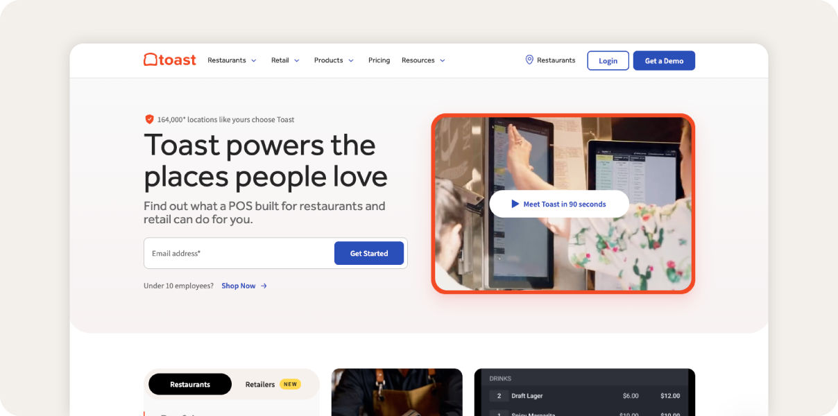 Screenshot of Toast homepage.