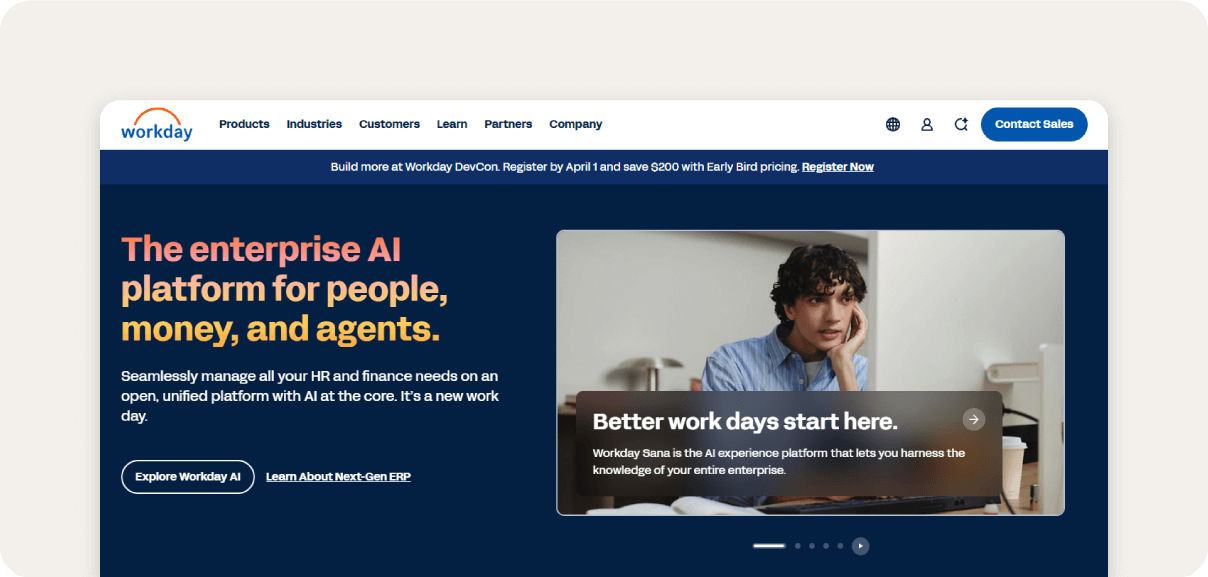 Screenshot of Workday HCM software homepage