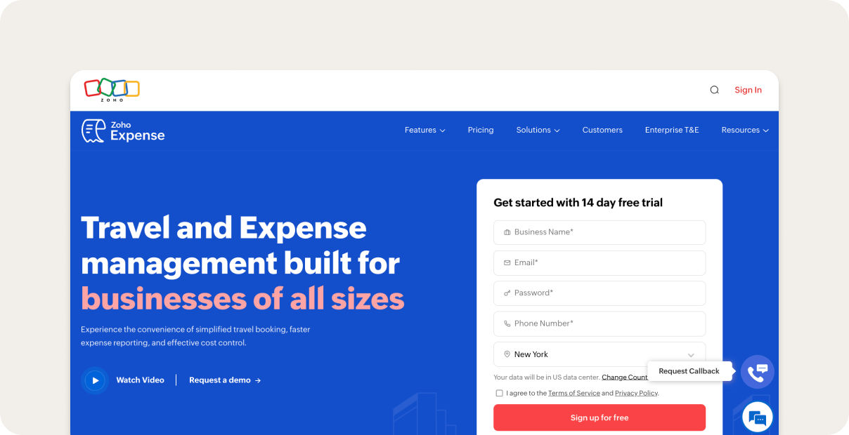 Zoho Expense homepage