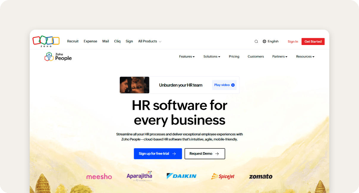 Zoho People homepage.