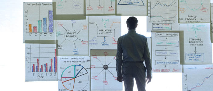 A man looking at a wall covered in various business charts and diagrams.