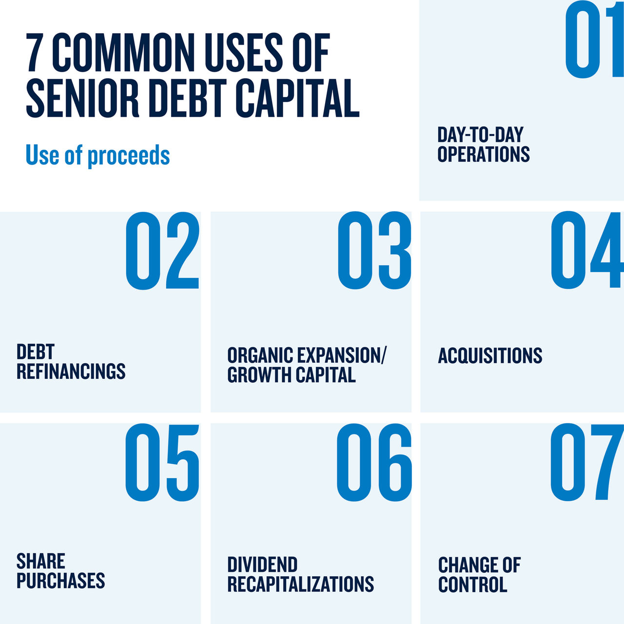 Seven uses: operations, refinancings, expansion, acquisitions, share purchases, dividend recapitalizations, and change of control.