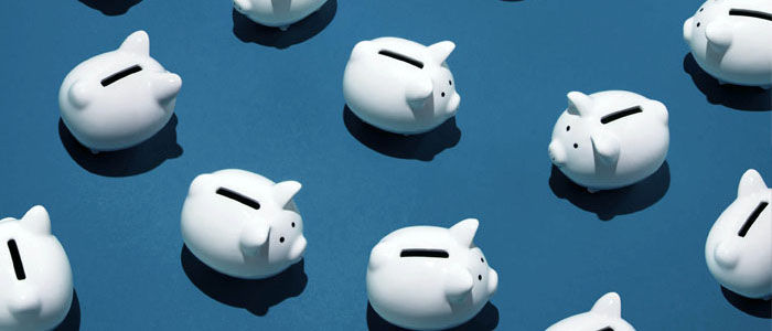 Pattern of white piggy banks on a blue background.